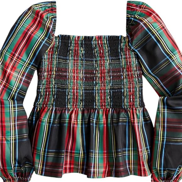 J. CREW Puff Sleeve Smocked Plaid Tartan Holiday Top Square Neck - XL - Picture 3 of 9